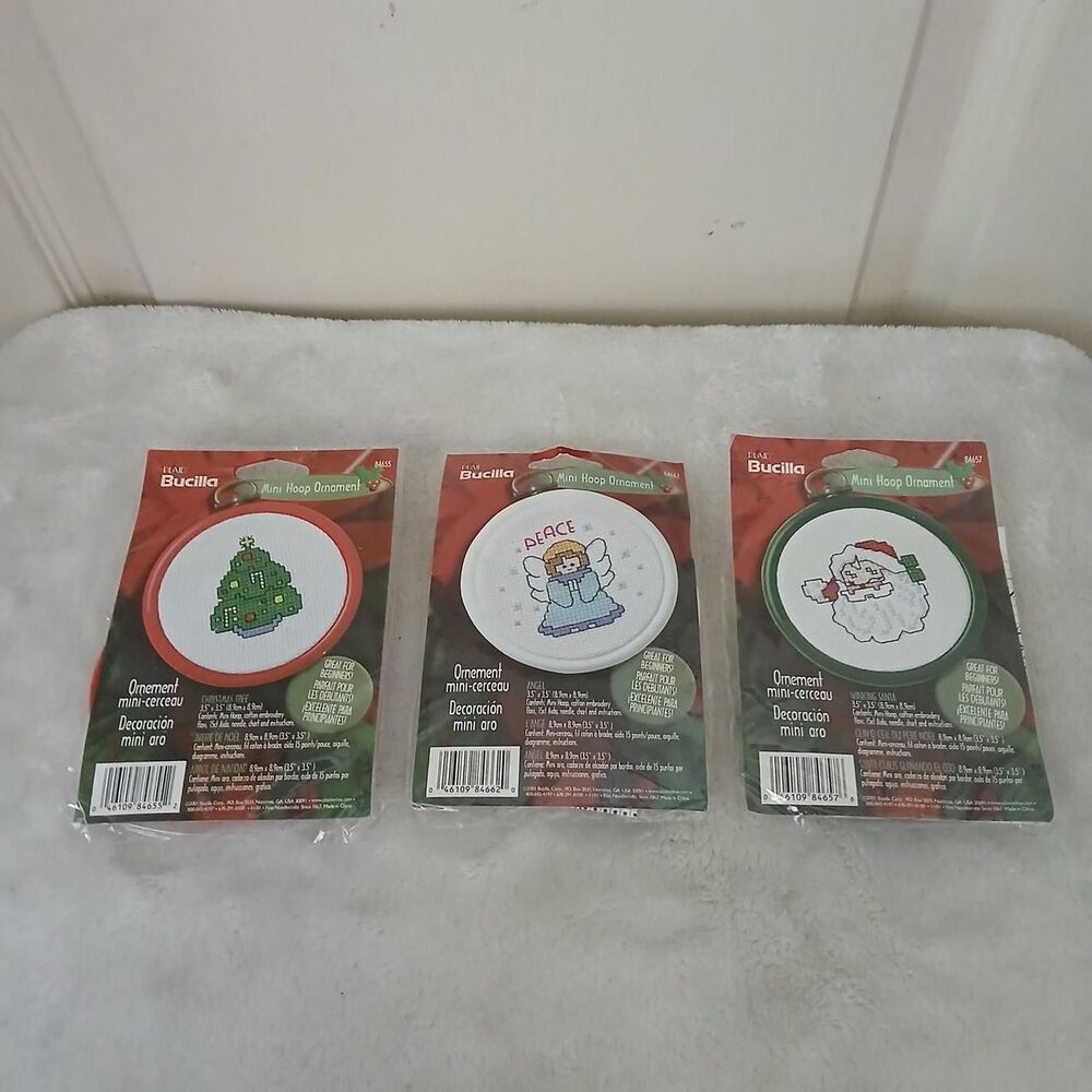 NEW Y2K VTG 3 Bucilla Mini Hoop Cross Stitch Ornament Kits Santa Tree Angel